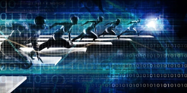 Digital figures leaping across platforms with binary code background showing digital transformation in business