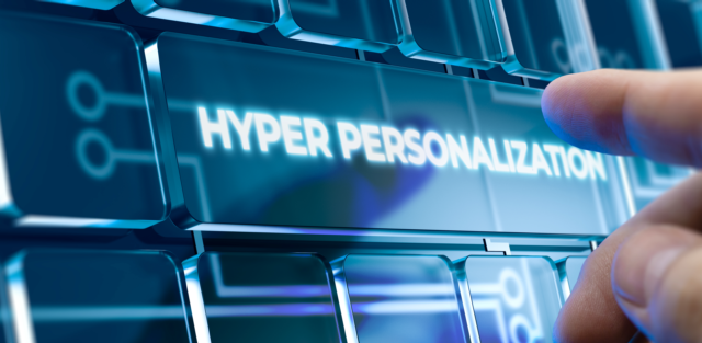 Glowing text reading 'HYPER PERSONALIZATION' on metallic interface with digital elements