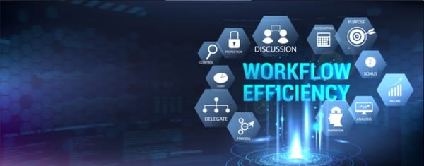 Digital hexagonal icons showing business workflow elements around glowing blue 'WORKFLOW EFFICIENCY' text on dark background