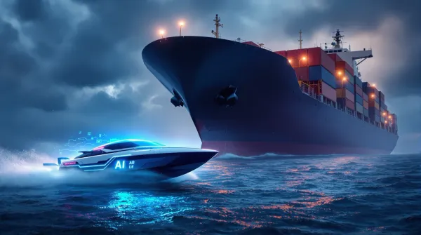 Small, AI-powered speedboat racing against a large cargo ship, symbolizing startup agility.