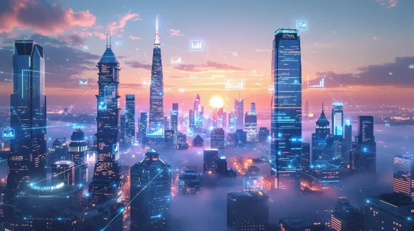 Futuristic cityscape with glowing AI networks, representing business growth and data flow in 2025.